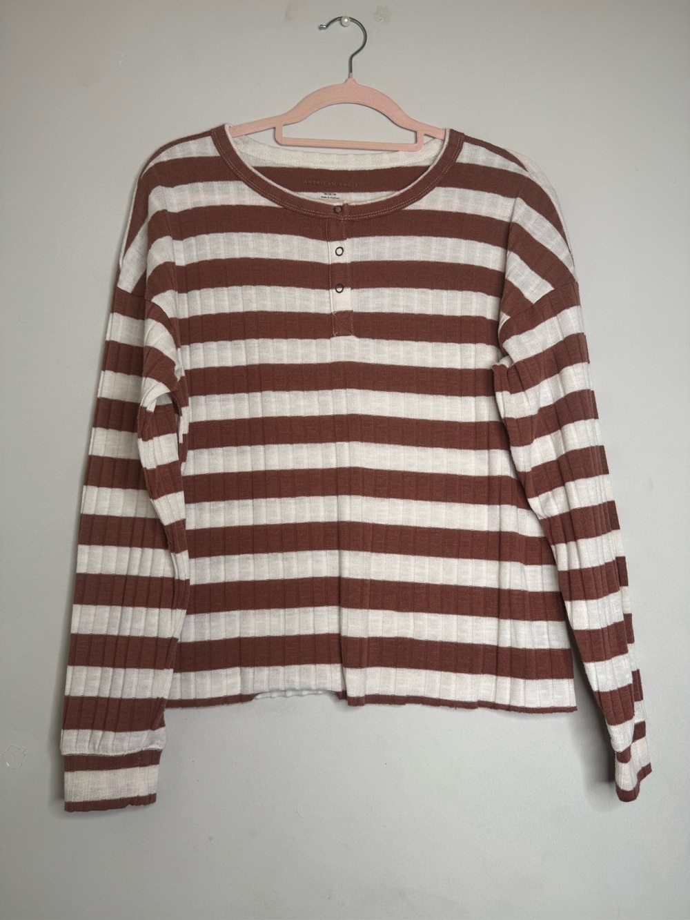 American Eagle Outfitters Striped Henley Long Sleeve - Cream & Brown
